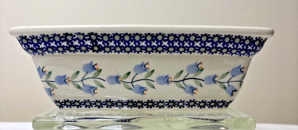 Vintage Polish Pottery Blue Floral Rectangular Serving Bowl, Manufaktura 10” X 7