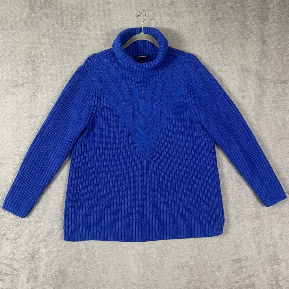 Lands End Womens Large Blue Wool Turtleneck Sweater Cozy Thick Knit Pullover