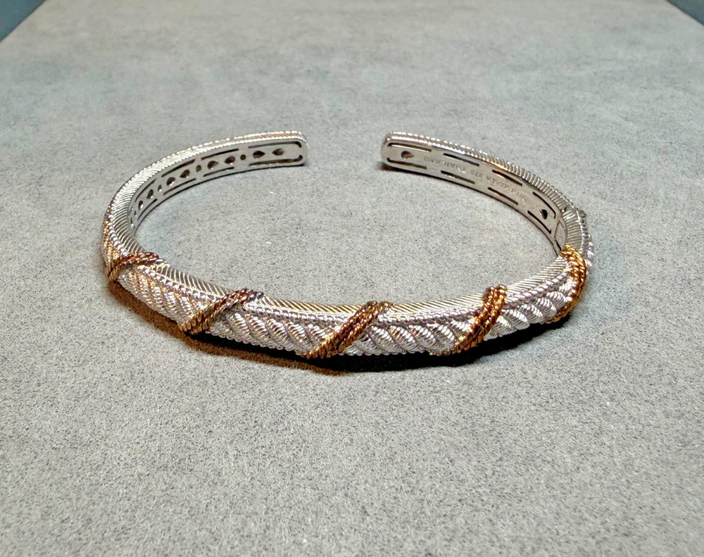 Judith Ripka 925 Sterling Silver Gold Accented Hinged Cuff Bracelet Jewelry 7