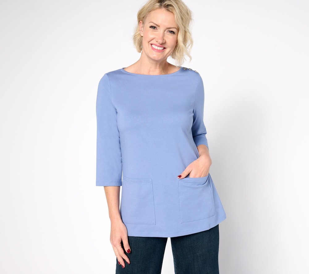Denim & Co. Women's Top Sz L Perfect Jersey Boatneck Tunic Blue A680143