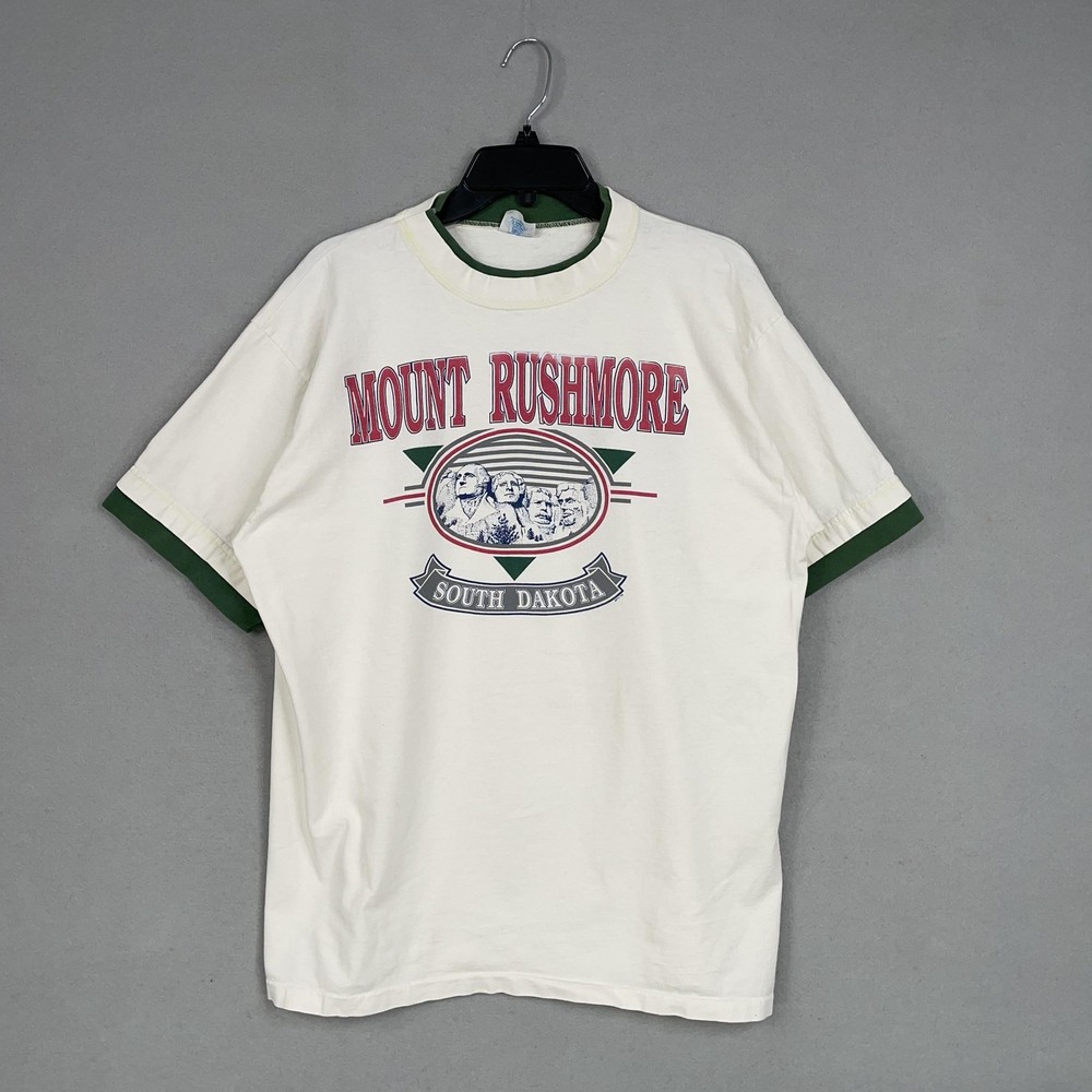 Vintage Mount Rushmore Shirt Mens XL White Green Ringer South Dakota USA 90s