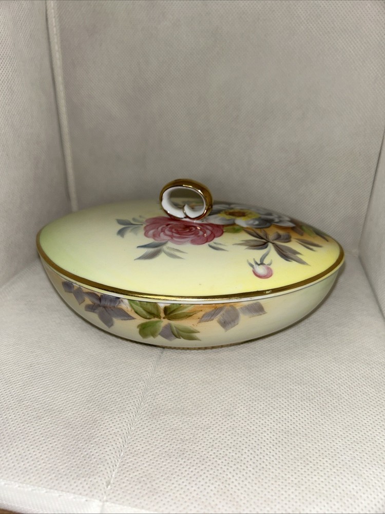 Vintage Porcelain Oval Candy Dish W/Lid Pink & White Roses 7” Long