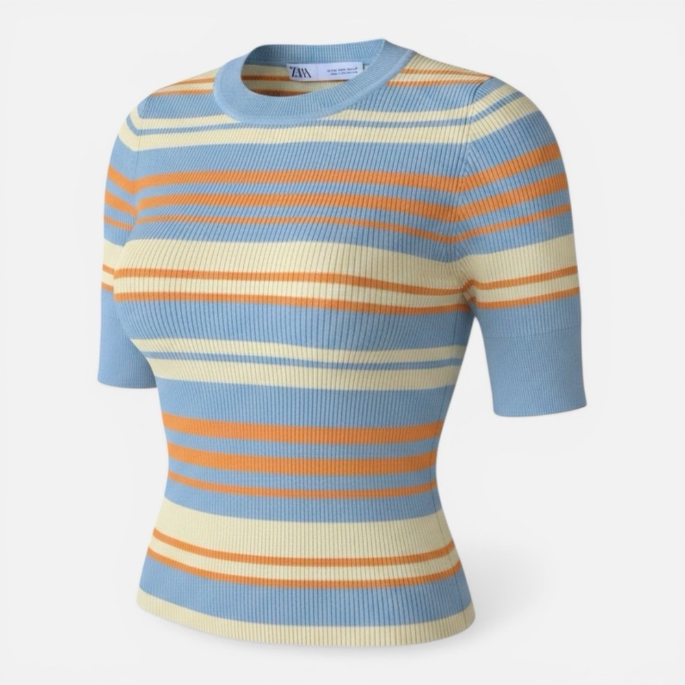 ZARA Women’s Ribbed Knit Top S Pastel Stripe Stretch Short Sleeve