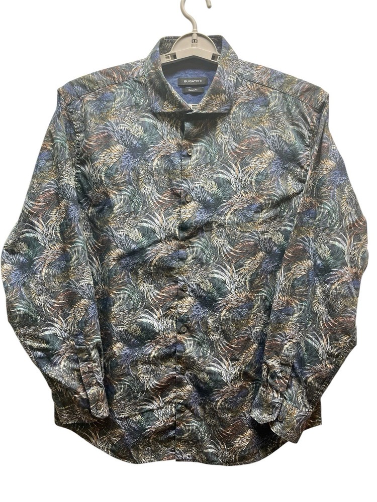 Bugatchi Classic Fit Men’s Size XL Long Sleeve Shirt Abstract Feather Print