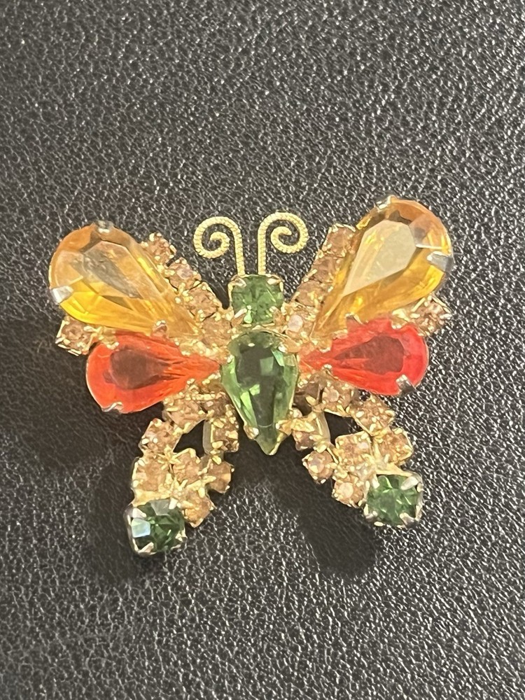 Vintage Juliana? Butterfly Brooch. Yellow, Orange And Green Rhinestones. B3