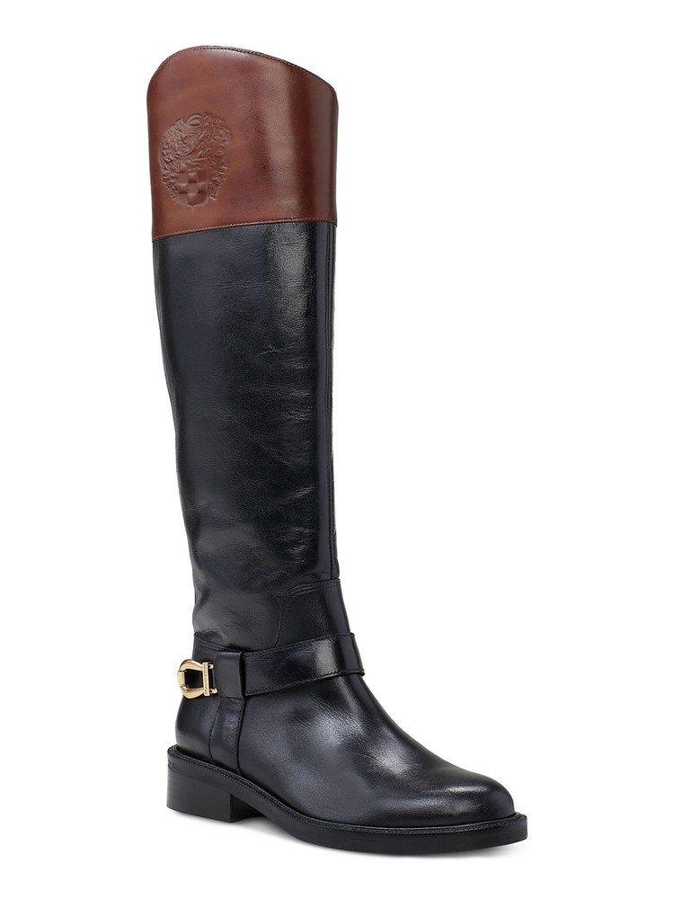 VINCE CAMUTO Womens Black Color Block Ankle Strap With Gold-Tone Hardware