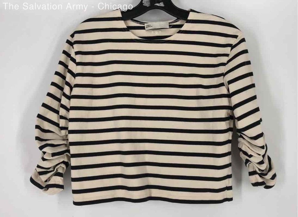 Tory Burch Womens Beige Black Striped Crew Neck Cropped Blouse Top Size Small