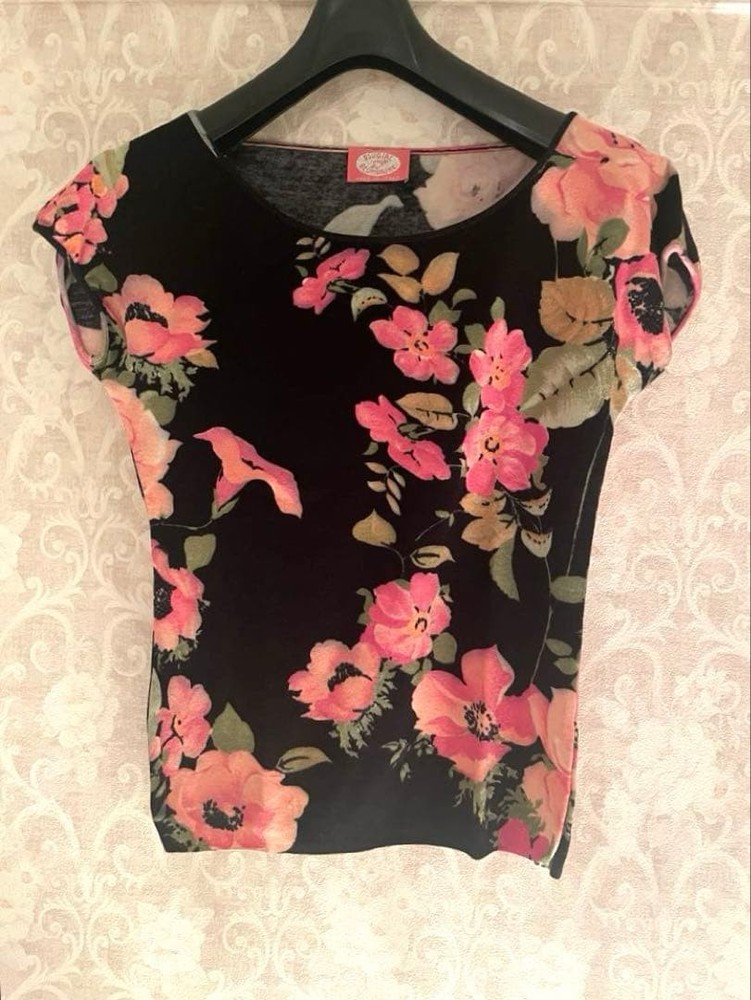 Blugirl Blumarine Floral Top Black Pink Flower Print Size S EU42  Vintage Y2K