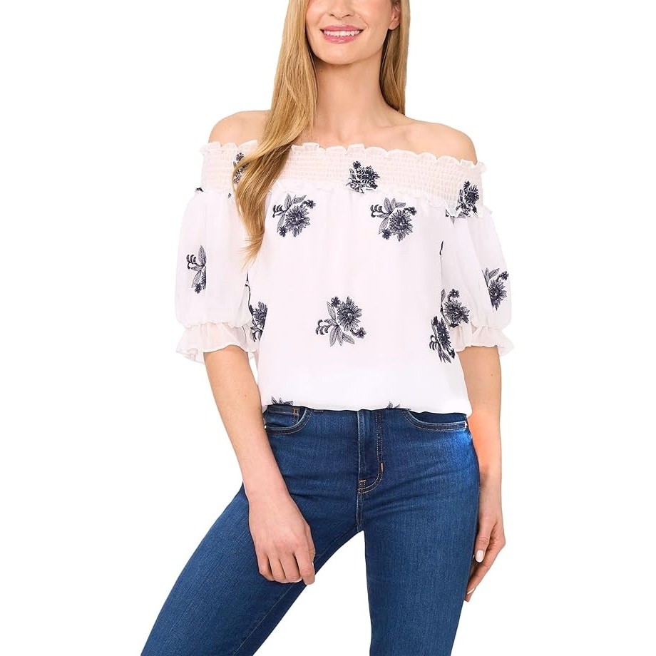 CeCe Women Ultra White Floral Embroidery Off The Shoulder Romantic Blouse Size M