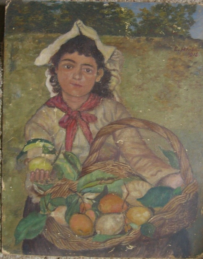 Portrait 1912 Illegible Signed E. Her... Girl with Fruit Basket Art Nouveau