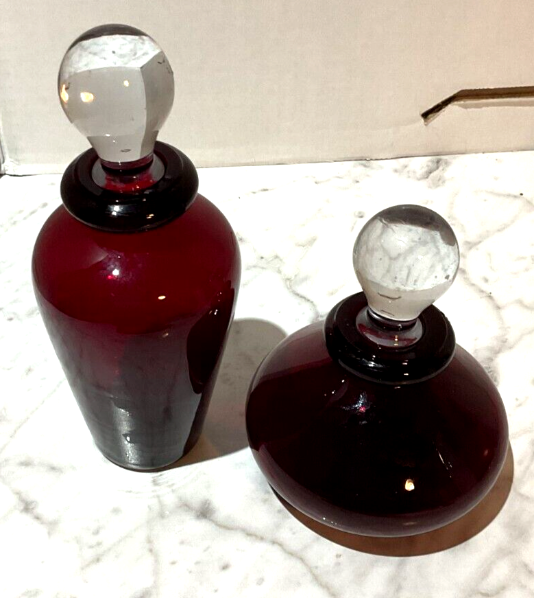 2 Vintage Hand Blown Cranberry Red Decanters  5.5