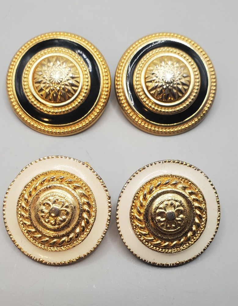 Nan Lewis Cream & Gold Tone & Black Vtg Enamel Domed Button Pierced Earrings