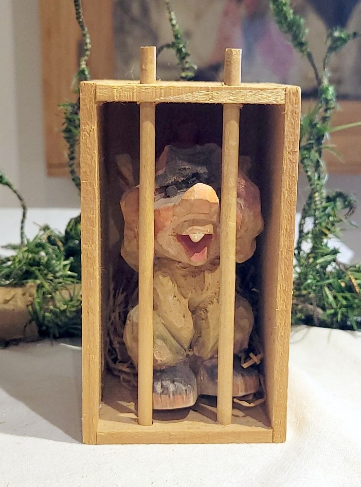 Henning Hand Carved Gnome Troll Norway. In original Wooden Cage. Labeled