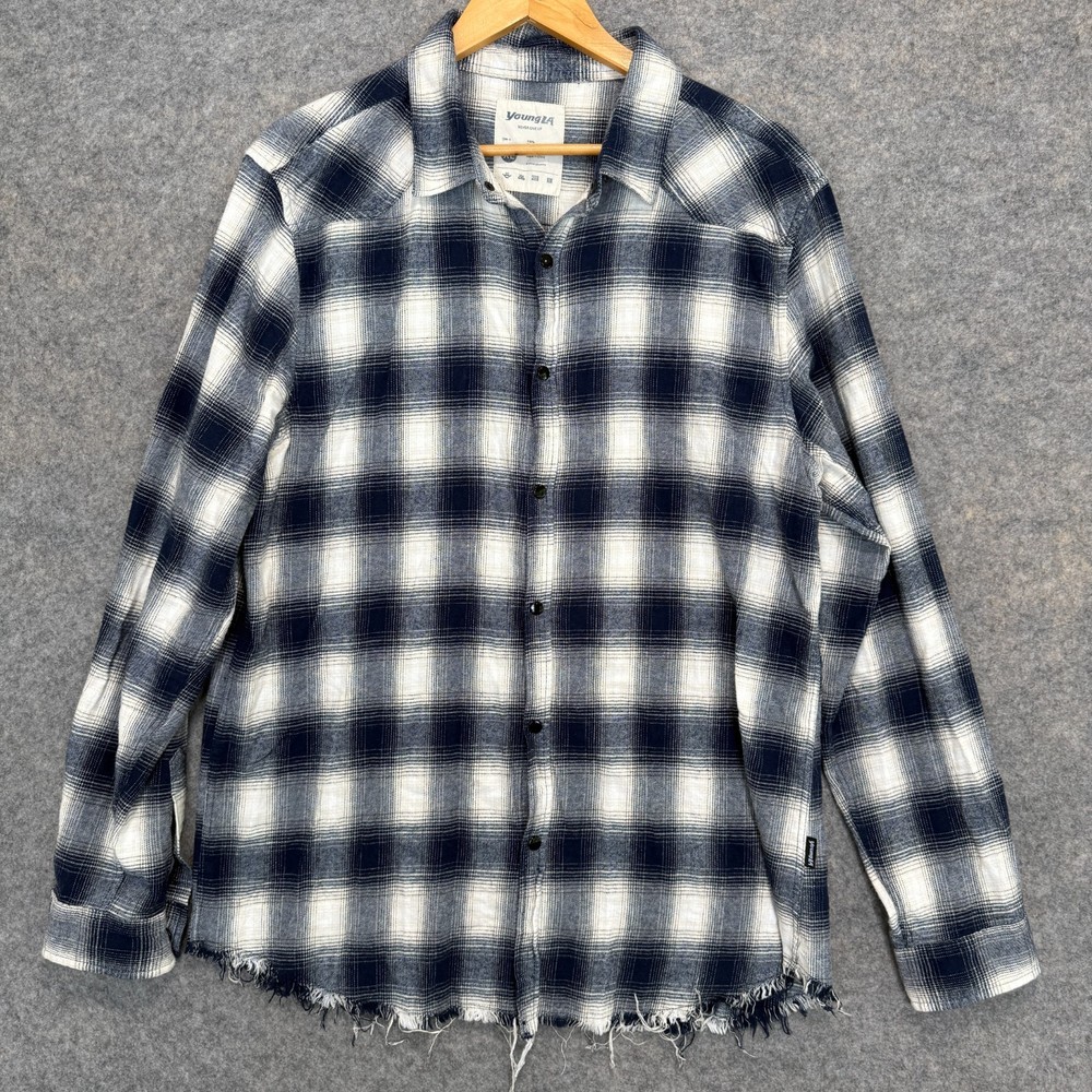YoungLA Western Snap Flannel Shirt Mens XL Blue Plaid Distressed Hem Raw Cut