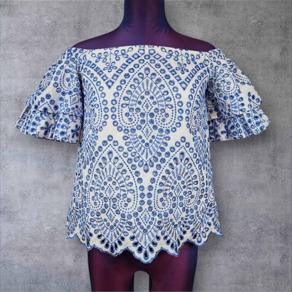 Lilly Pulitzer White & Blue Eyelet Lesley Off the Shoulder Top Size XXS J51