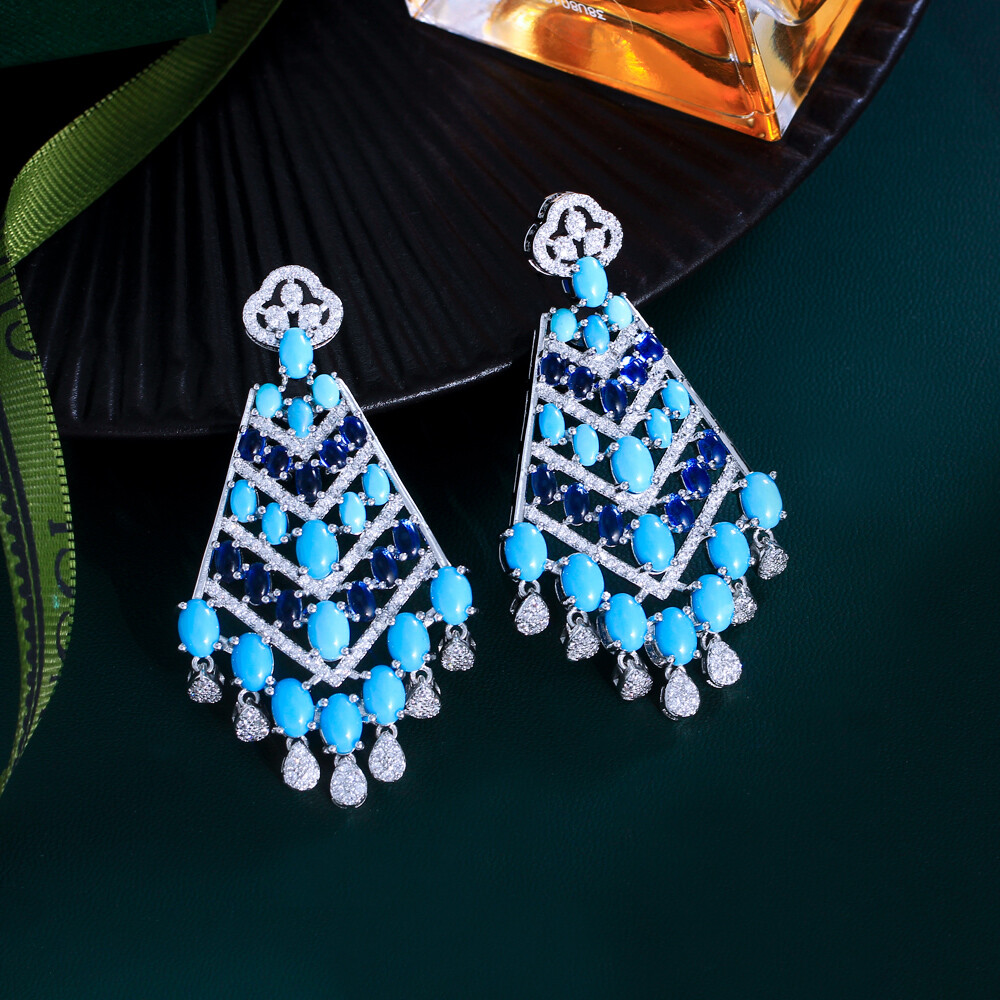 Bohemian Silver Plated CZ Blue Turquoise Long Dangle Drop Chandelier Earrings