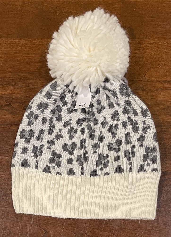 Gap Kids Girls Leopard Print Lightweight Knit Pom Beanie Hat Cream Gray One Size
