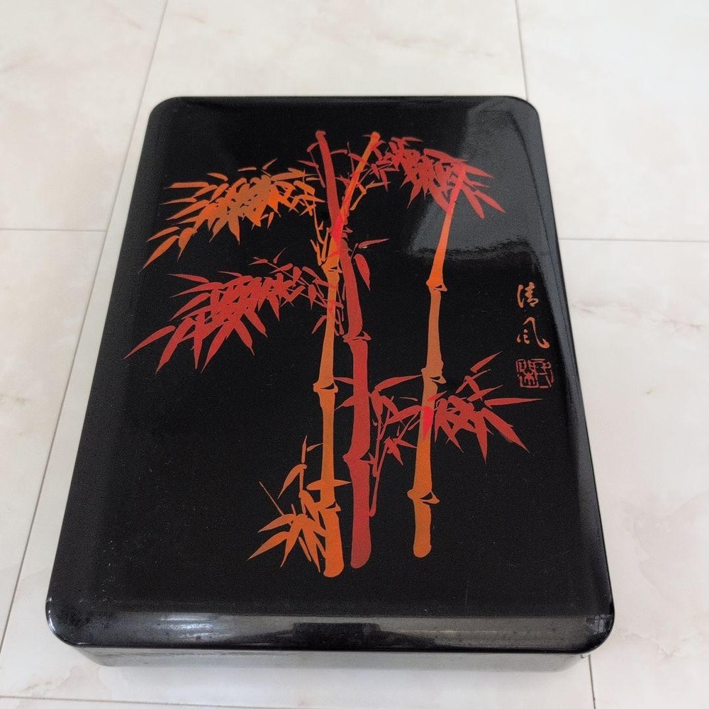 Showa Retro Black Lacquer Bamboo Pattern Text & Storage Box 50+ Years Old