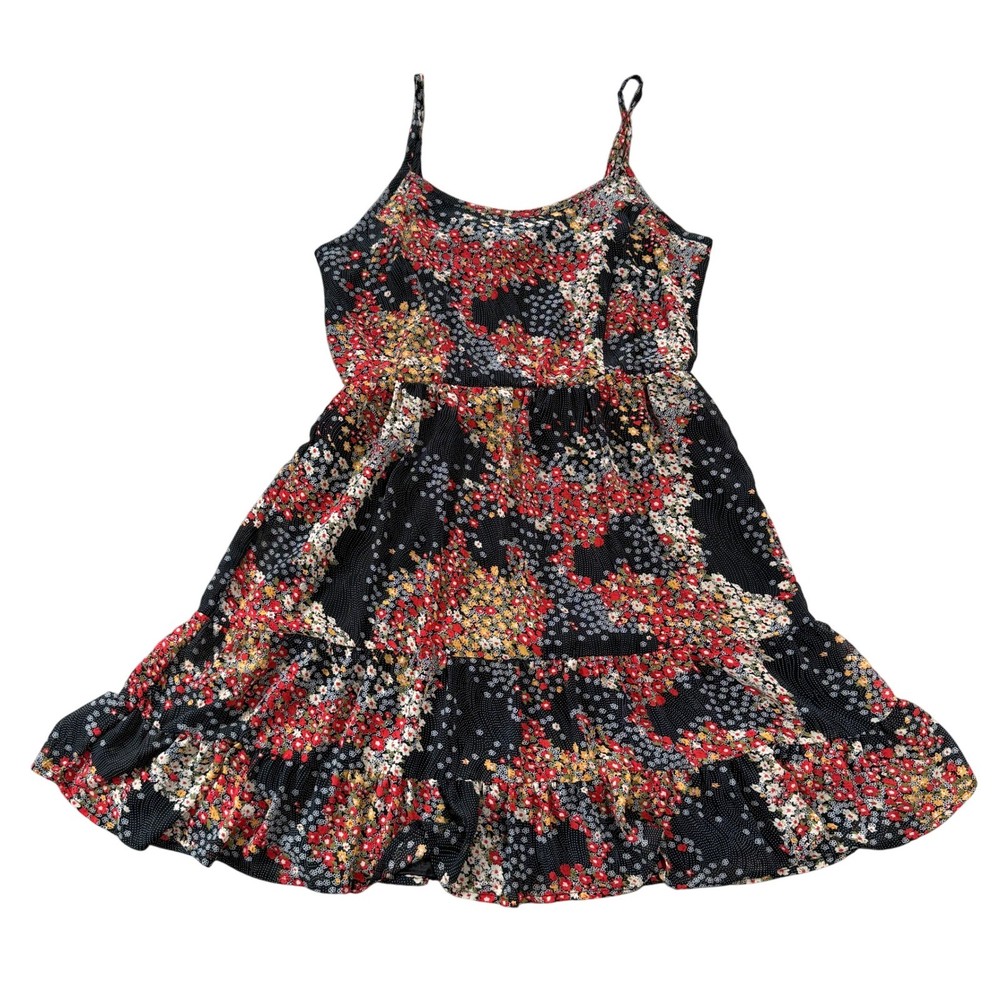 American Rag Dress Womens Large Black Floral Tiered Boho Spaghetti Strap Flowy