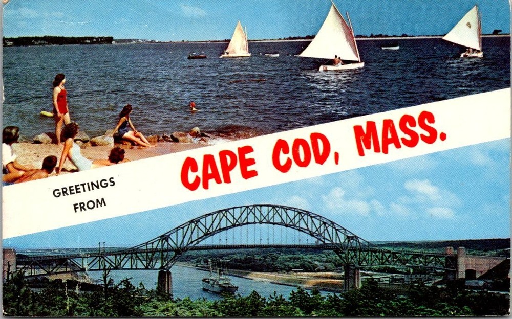 Vintage 1959 Cape Cod, MA Postcard - Sagamore Bridge & Boating Scene