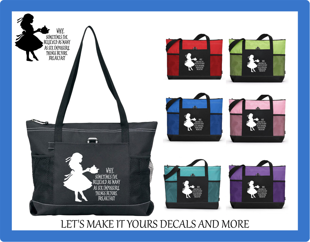ALICE IN WONDERLAND INSPIRED QUOTE CUSTOM TOTE PURSE SPORTS GYM SCHOOL BAG ZIPS