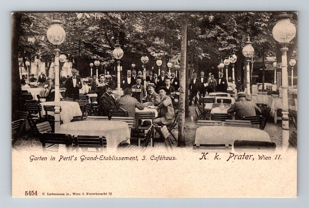 Austria- Vienna Gentlemen Dining At Pertl's Garden Cafe Old PC Vintage Postcard