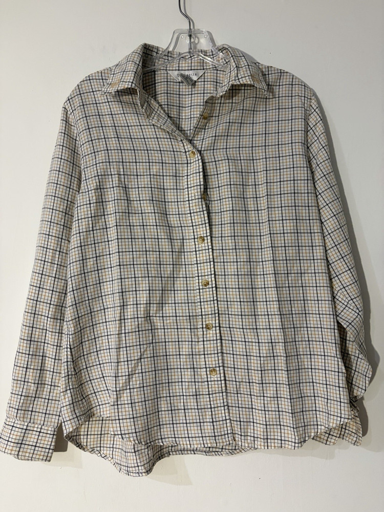 Van Heusen Women’s Button-Up Shirt M White/Black/Tan Plaid Collared Long Sleeve