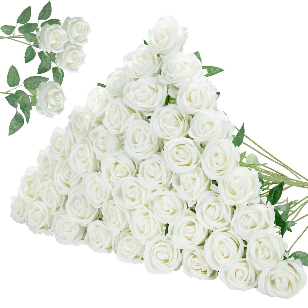 50 Pcs White Roses Artificial Flowers, Fake Velvet Silk Rose Bulk Faux Flower...