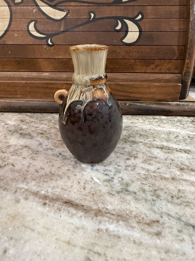 Vintage Studio Pottery Bud Vase Brown Cream Drip Glaze MCM Ceramic Vase