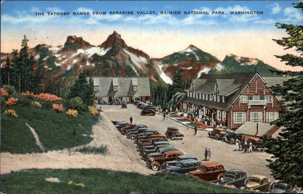 Tatoosh Range from Paradise Valley Rainier National Park Washington  1940s cars