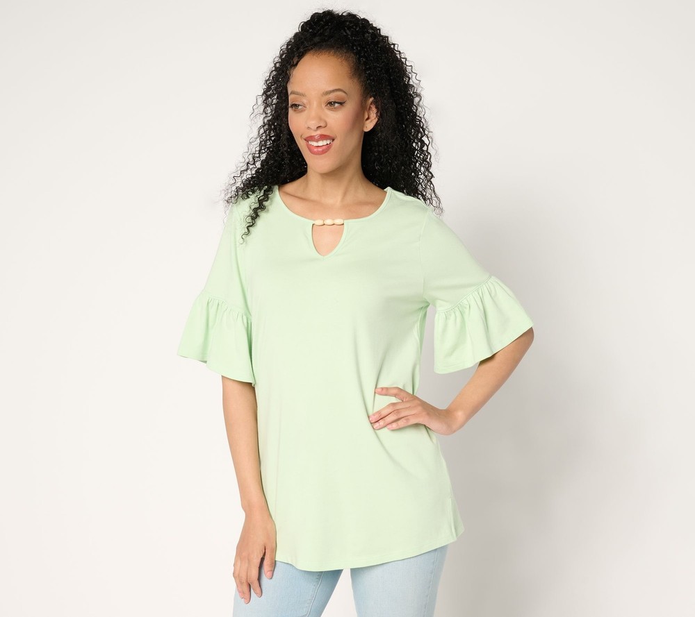 Denim & Co. Women's Top Sz M Favorite Jersey Flutter Sleeve Beaded Green A689747