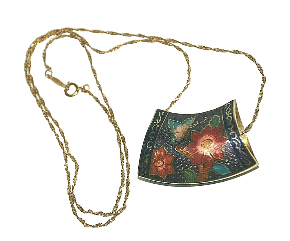 Vintage NAPIER Asian Cloisonne Enamel Women's Necklace Pendant Chain Gold Filled