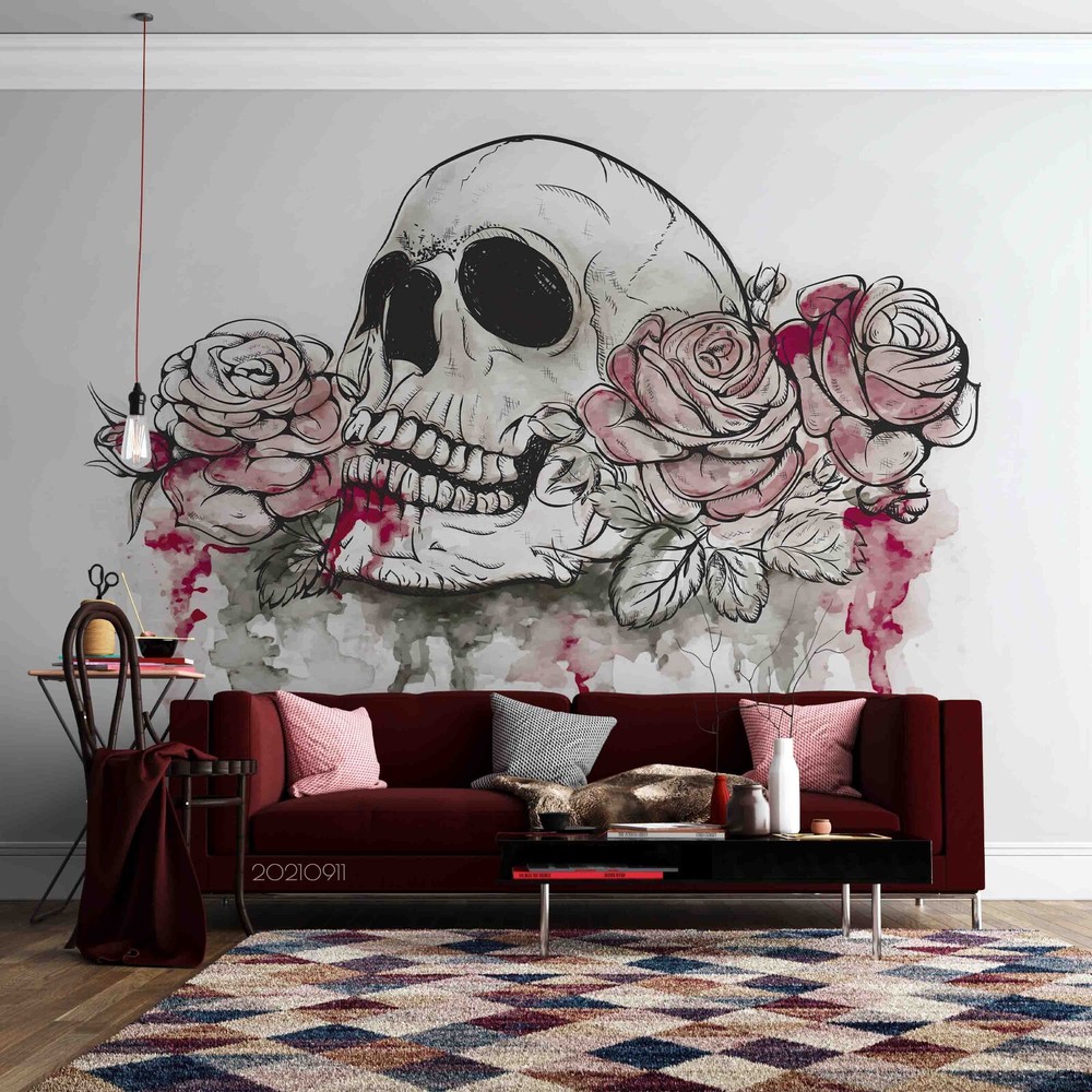 3D Skull Pink Floral Wall Murals Wallpaper Murals Wall Sticker