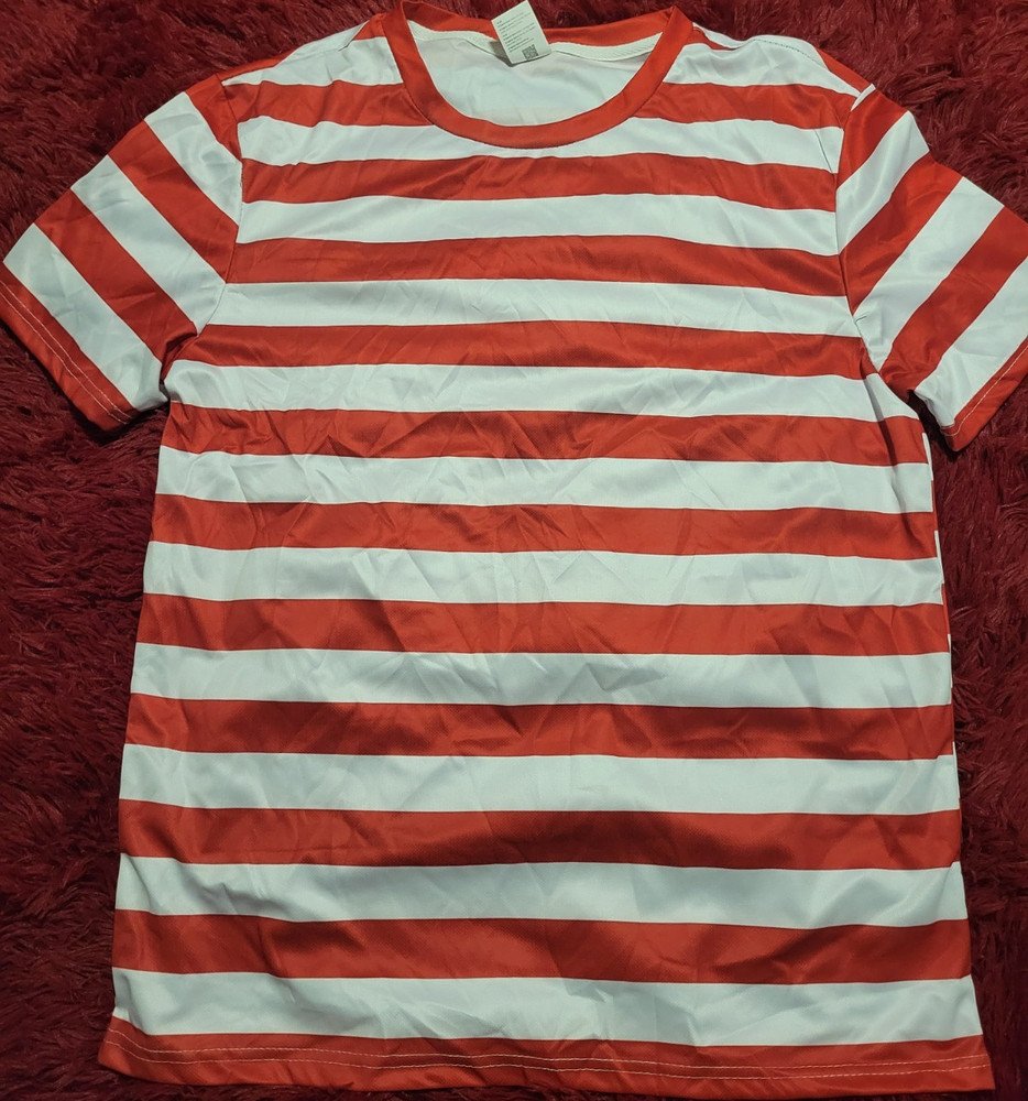 Red White Striped T-Shirt, Crew Neck, Short Sleeve, Regular Fit, Men L