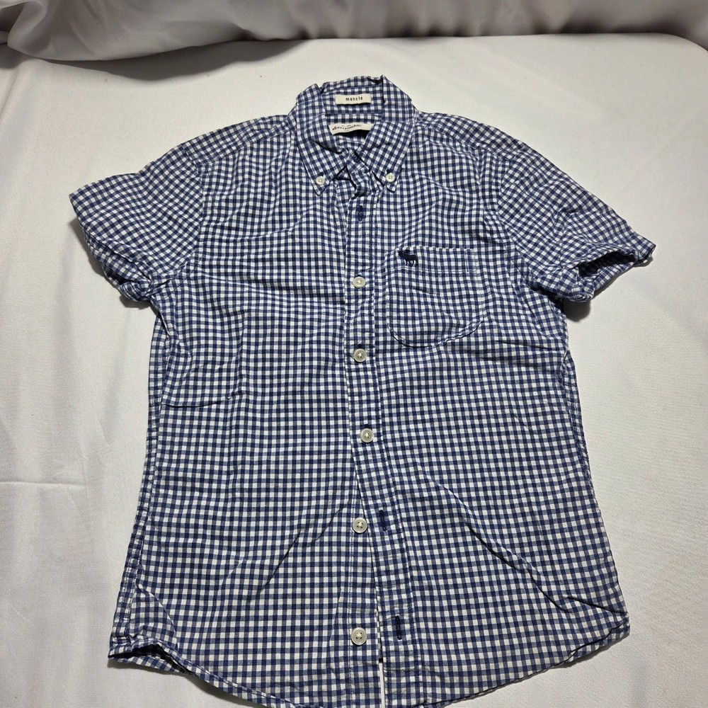 Abercrombie Kids Boys Muscle Fit Gingham Button Down Shirt Blue White Small S