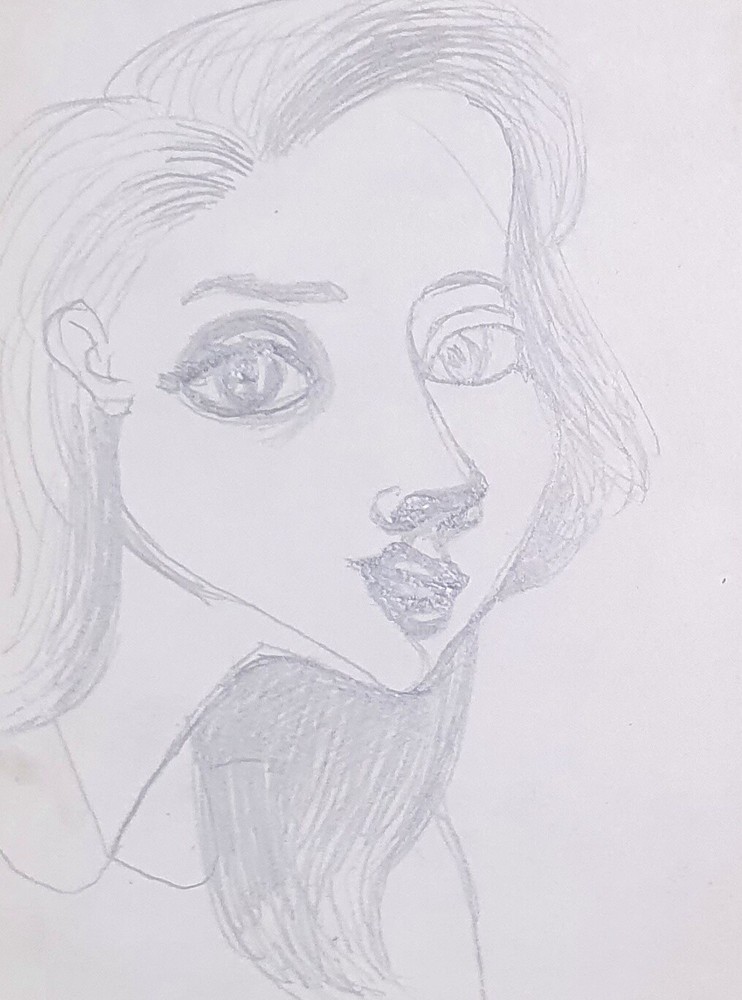 Vintage European abstract surrealist pencil painting girl portrait