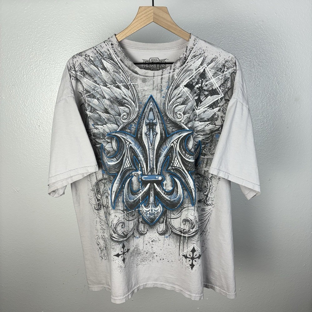 Y2K MMA Elite Cross Wings Grunge AOP GRAIL Double Sided T Shirt Vintage Size 2XL