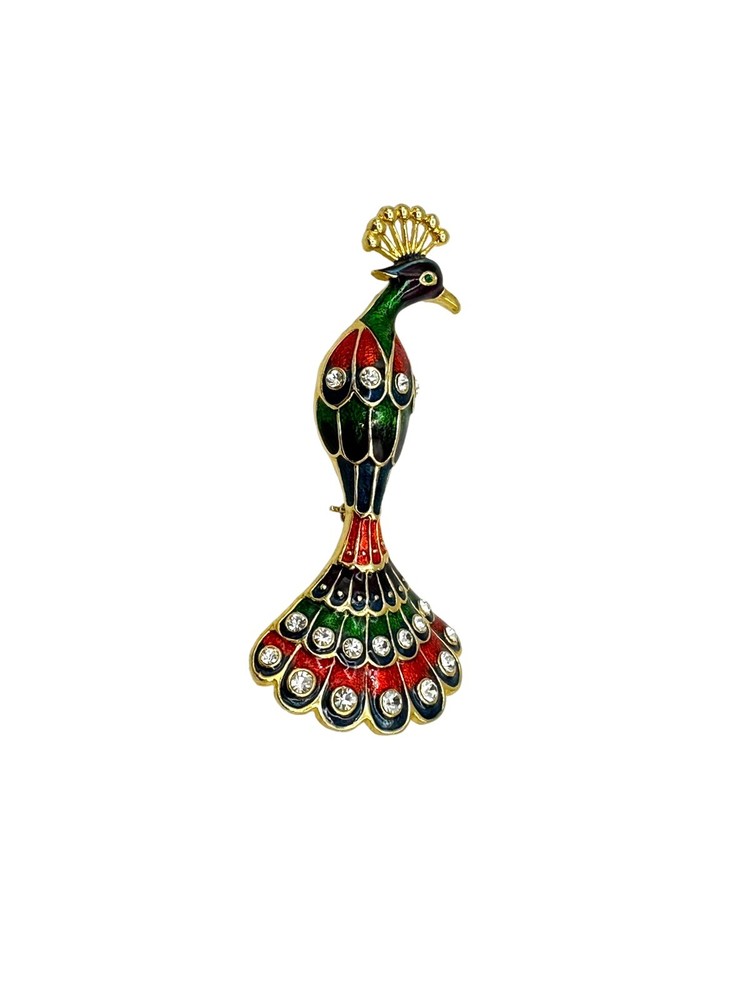 Gold Tone Brooch Enamel Peacock Pin Vintage Jewel Colors Rhinestones