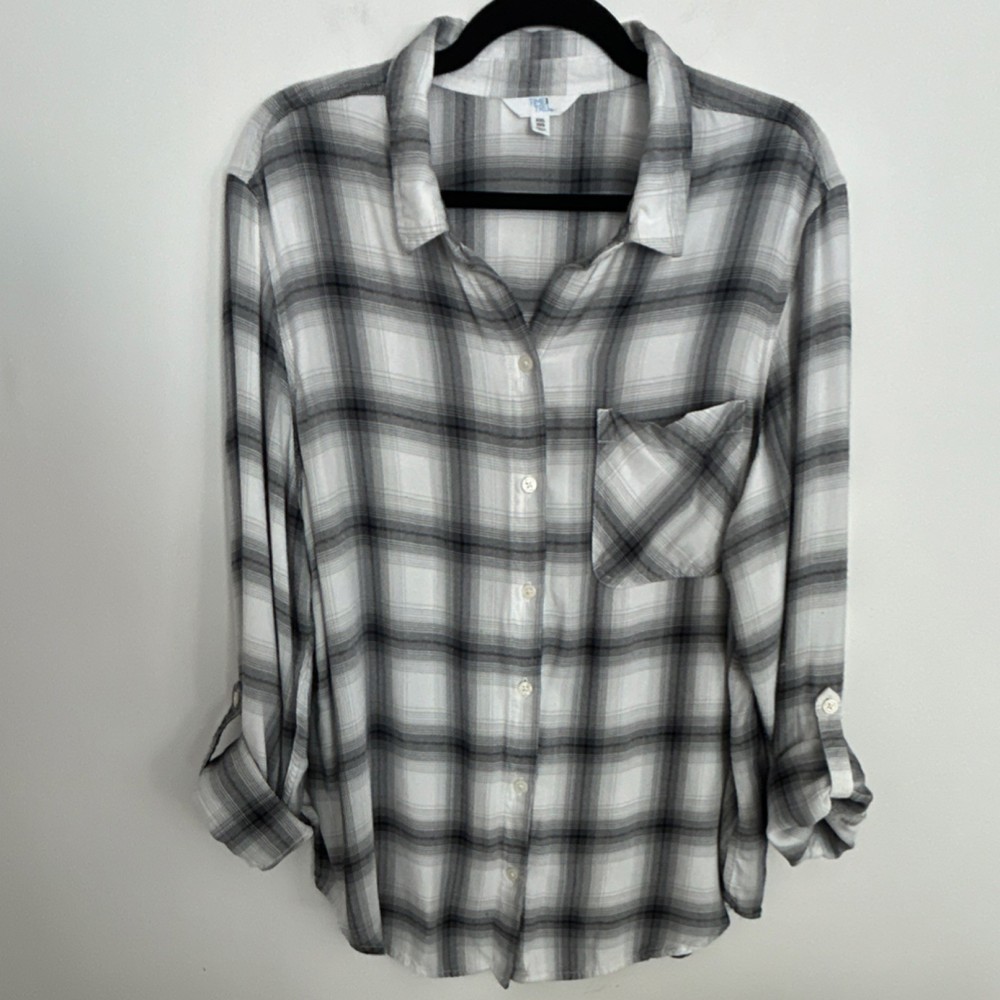 Time And Tru Plaid Flannel Button-Up Collared Shirt Gray White XXL (20) Women's