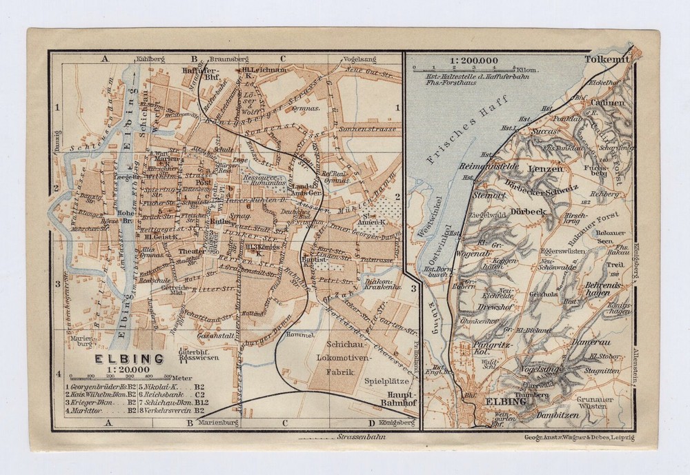 1914 Antique Map Of Elbing Elbląg / East Prussia Poland Germany