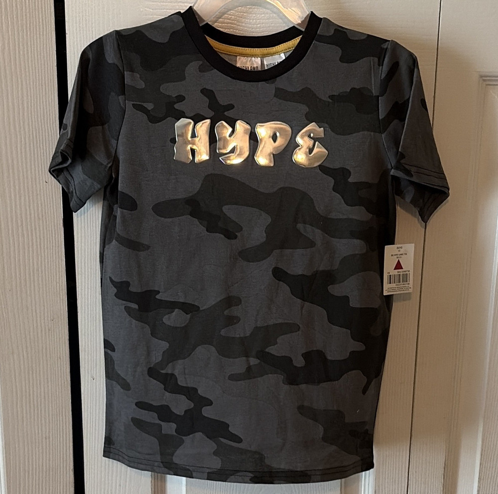 Highland Originals Boys Black Gray Camo Logo T-Shirt Size 8 Short Sleeve Crew