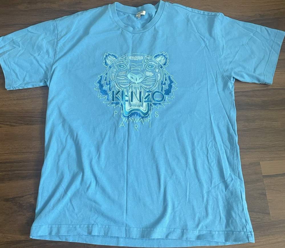 KENZO Paris Tiger Graphic Blue Men's L Regular Fit Cotton Crew Neck T-Shirt