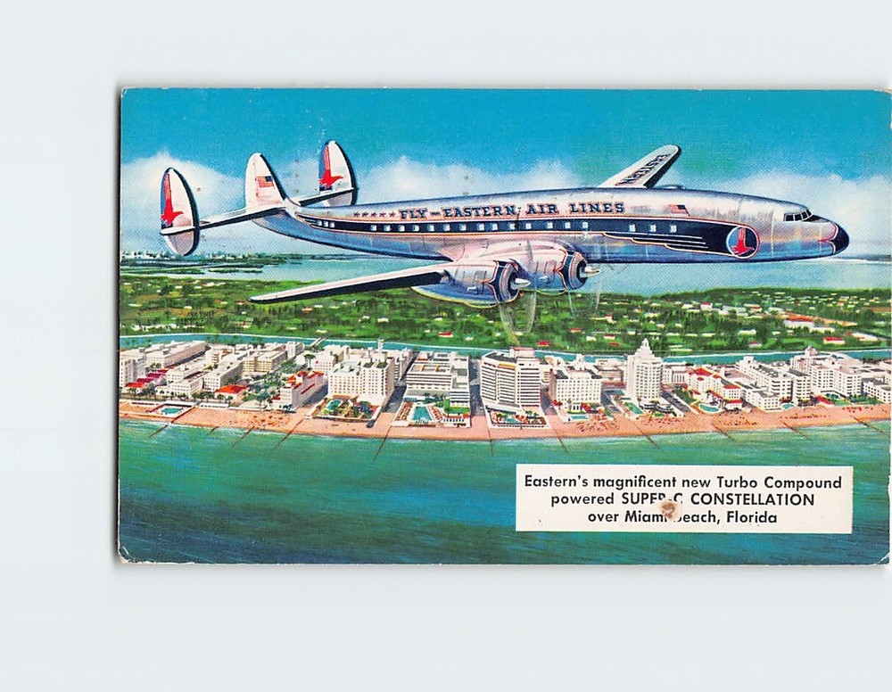 Postcard Fly Eastern Airlines Super C Constellation Over Miami Beach Florida USA
