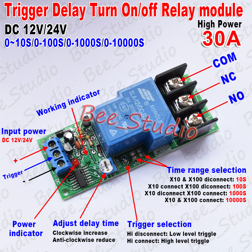 DC 12V 24V 30A Adjustable Trigger Delay Timer Relay Switch Turn ON/OFF Module