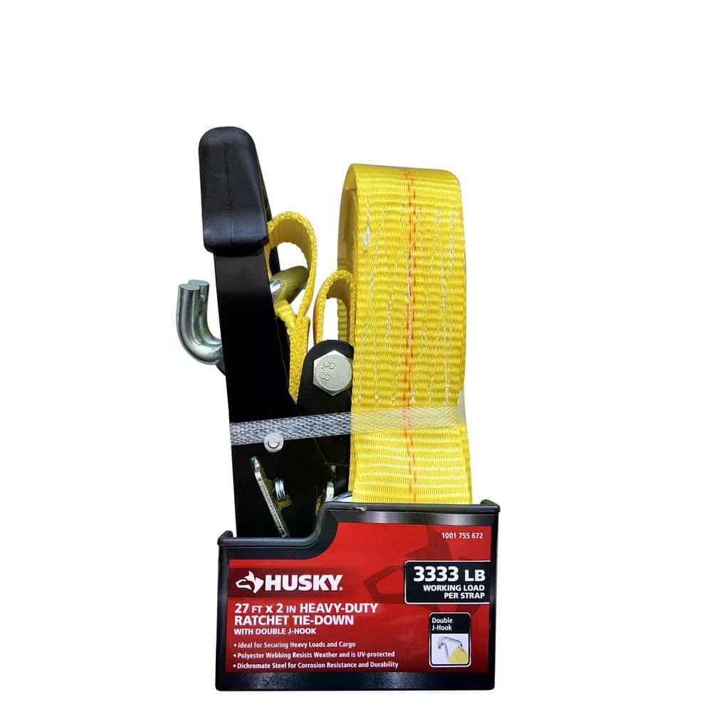 Husky Ratchet Tie Down Straps 3333 lbs 27 ft. x 2 in Heavy Duty Double J Hook