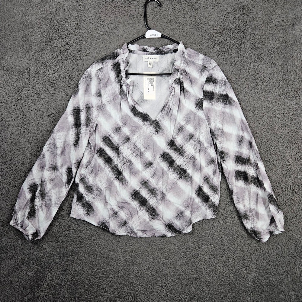 Cloth & Stone Evereve Ruffle Neck Blouse Frosty Grey Plaid Metallic Womens S