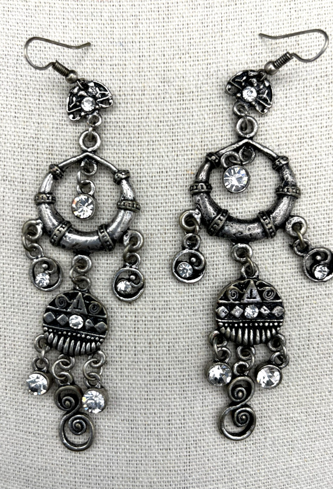 BoHo Moroccan Long Dangling Silver Rhinestone Fish Back Earrings