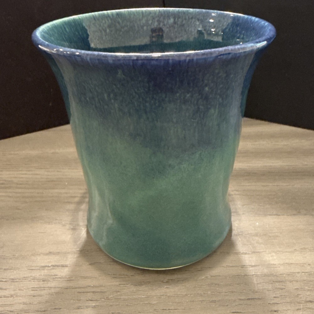Hand Thrown Speckled Teal & Blue Ombré Art Pottery Glazed Vase Signed Simpatico