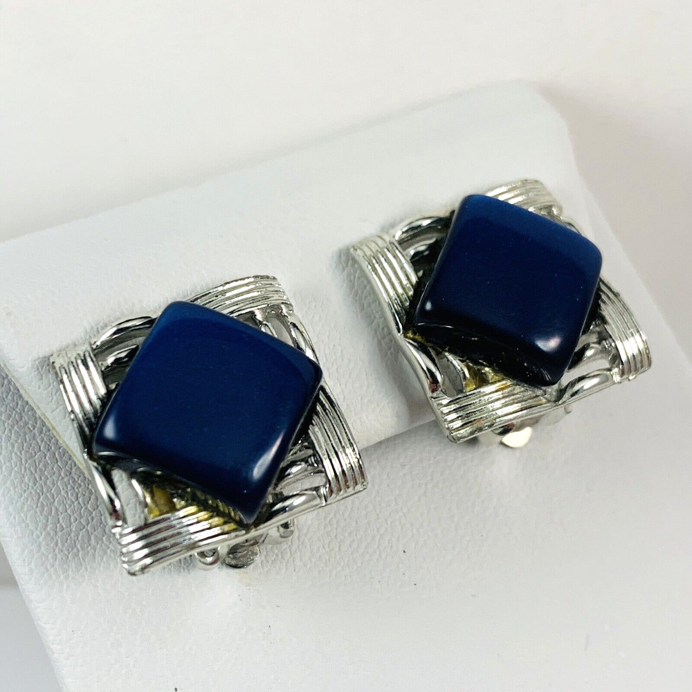 Vintage CORO Signed Blue Thermoset Moonglow Silver Tone Clip on Earrings