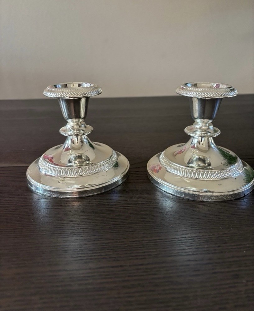 Silver Plated Pair Candle Holders Made in England 3.5 in Tall Round Base